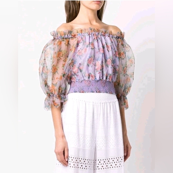 ALICE + OLIVIA Caprina Silk Puff Sleeve Off Shoulder Crop Top Size Small NWOT - Picture 12 of 15